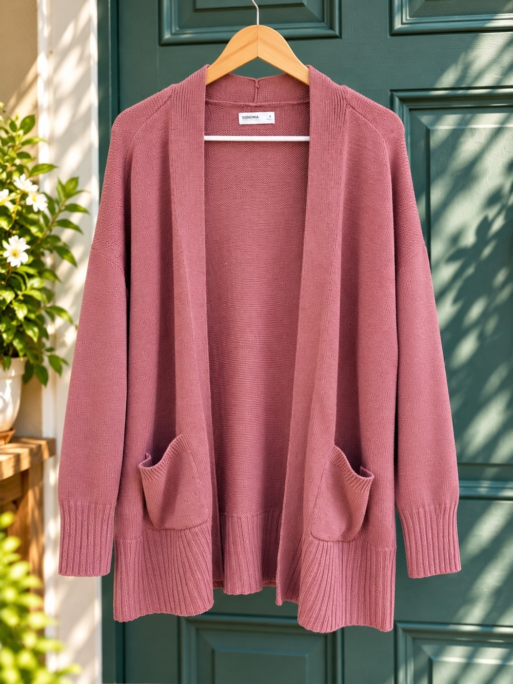 Sonoma Goods For Life Women's 2X Open Front Cardigan Mauve Rose Knit Pockets